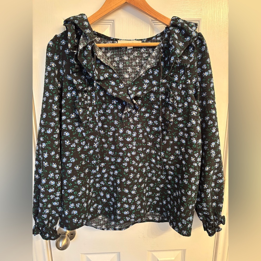 Loft Medium Floral Peasant Blouse with Ruffles and drawstring